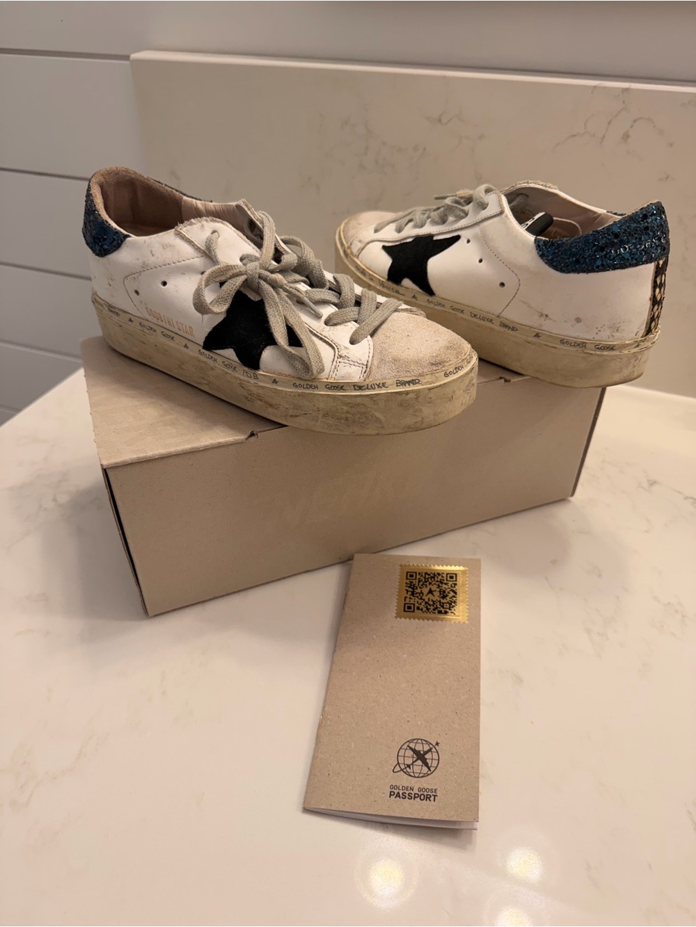 Golden Goose White Sneakers with Black Star and Blue Glitter Heel